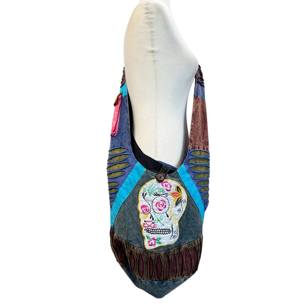 Sugar Skull Hobo Bag Cotton Embroidered Patchwork Shoulder Purse Boho Nepal